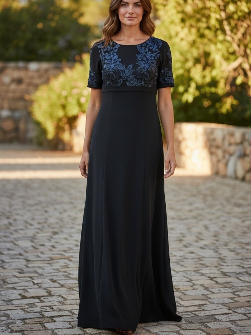 JS Collections Elegant Black Maxi Dress with Sequined Bodice & Short Sleeves Sz8